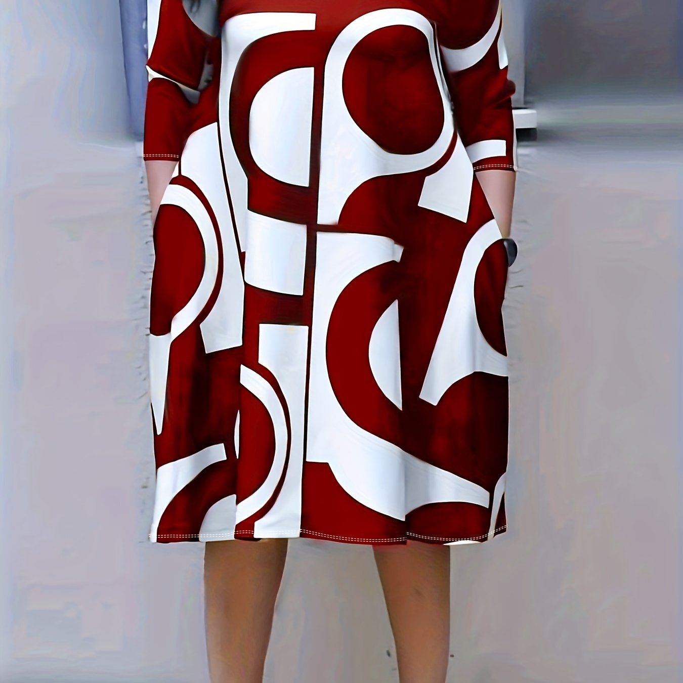 Antmvs Plus Size Elegant Dress, Women's Plus Geometric Print Half Sleeve Round Neck Loose Fit Dress