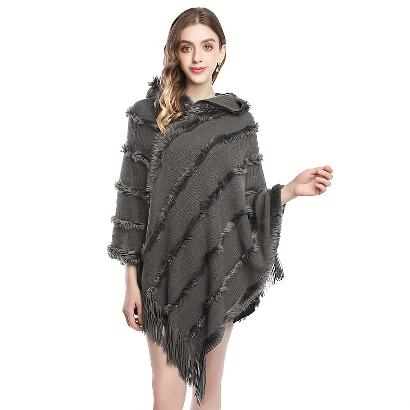 Antmvs Loose Knit Hooded Pullover Poncho Large Solid Color Batwing Tassel Shawl Autumn Winter Travel Outside Windproof Cape