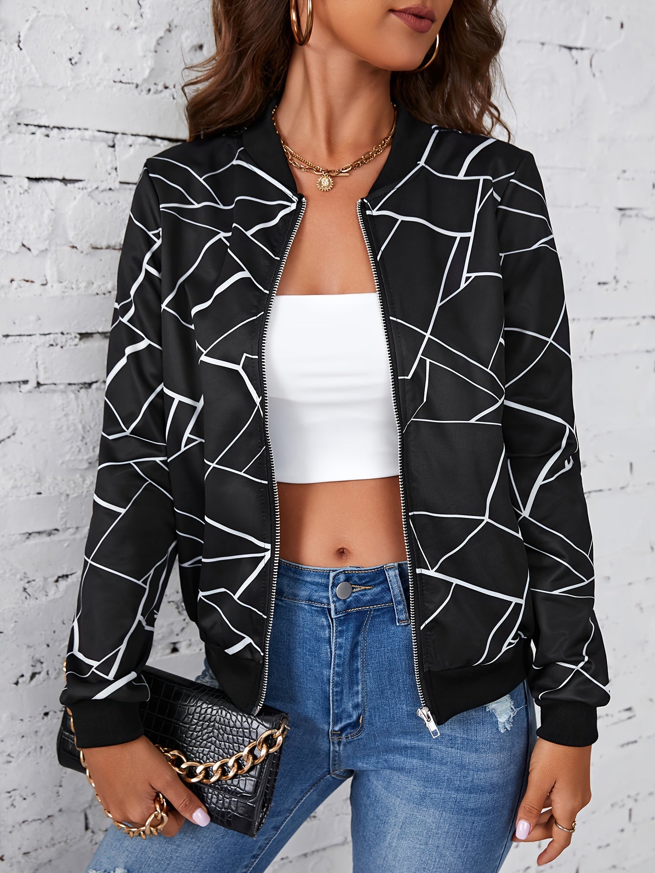 Antmvs Geo Print Zipper Front Jacket, Casual Long Sleeve Jacket For Spring & Fall, Women's Clothing