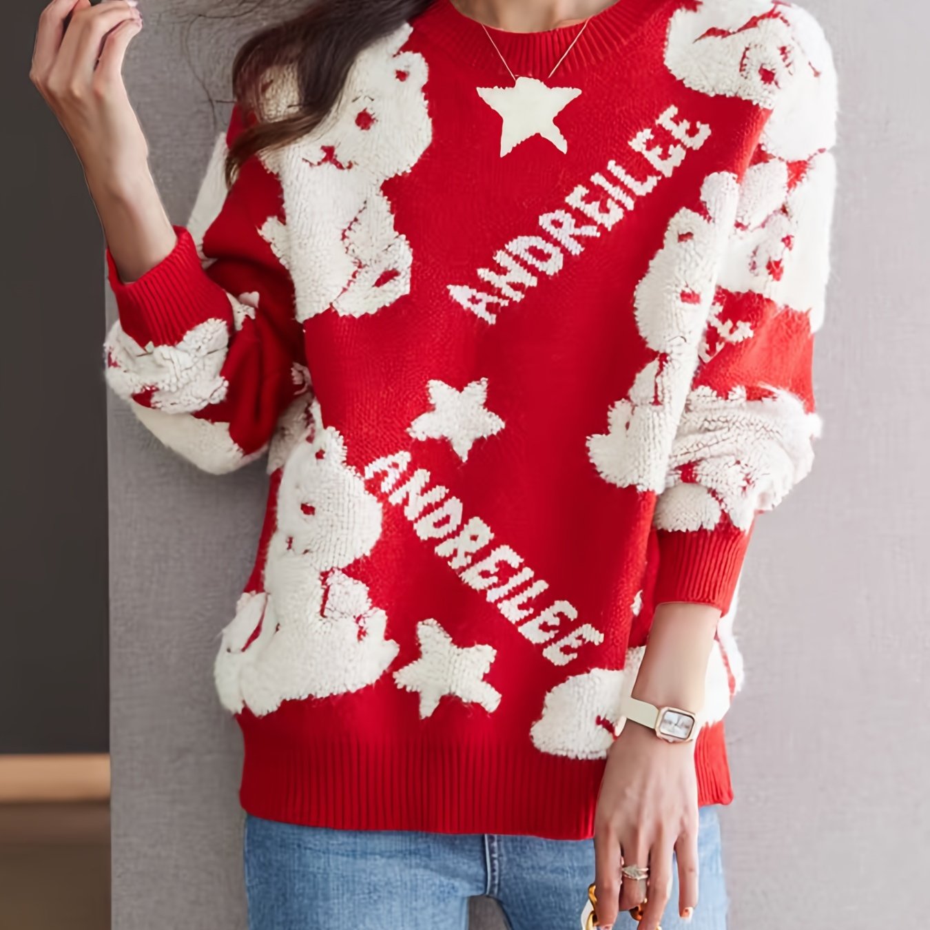 Antmvs Cartoon Dragon Pattern Pullover Sweater, Casual Crew Neck Long Sleeve Thick Sweater, Women's Clothing