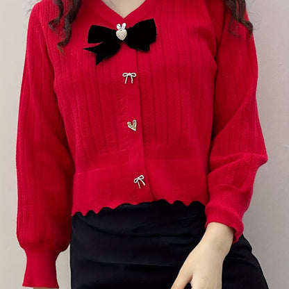 Antmvs Heart & Bow Decor Crop Sweater, Casual Scallop Hem V Neck Long Sleeve Sweater For Fall & Winter, Women's Clothing