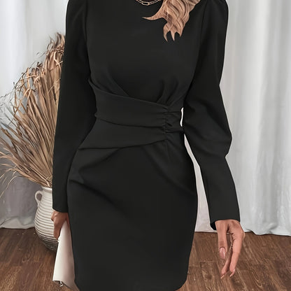 Antmvs Solid Color Bag Hip Dress, Elegant Waist Slim Crew Neck Long Sleeve Dress For Fall & Winter, Women's Clothing