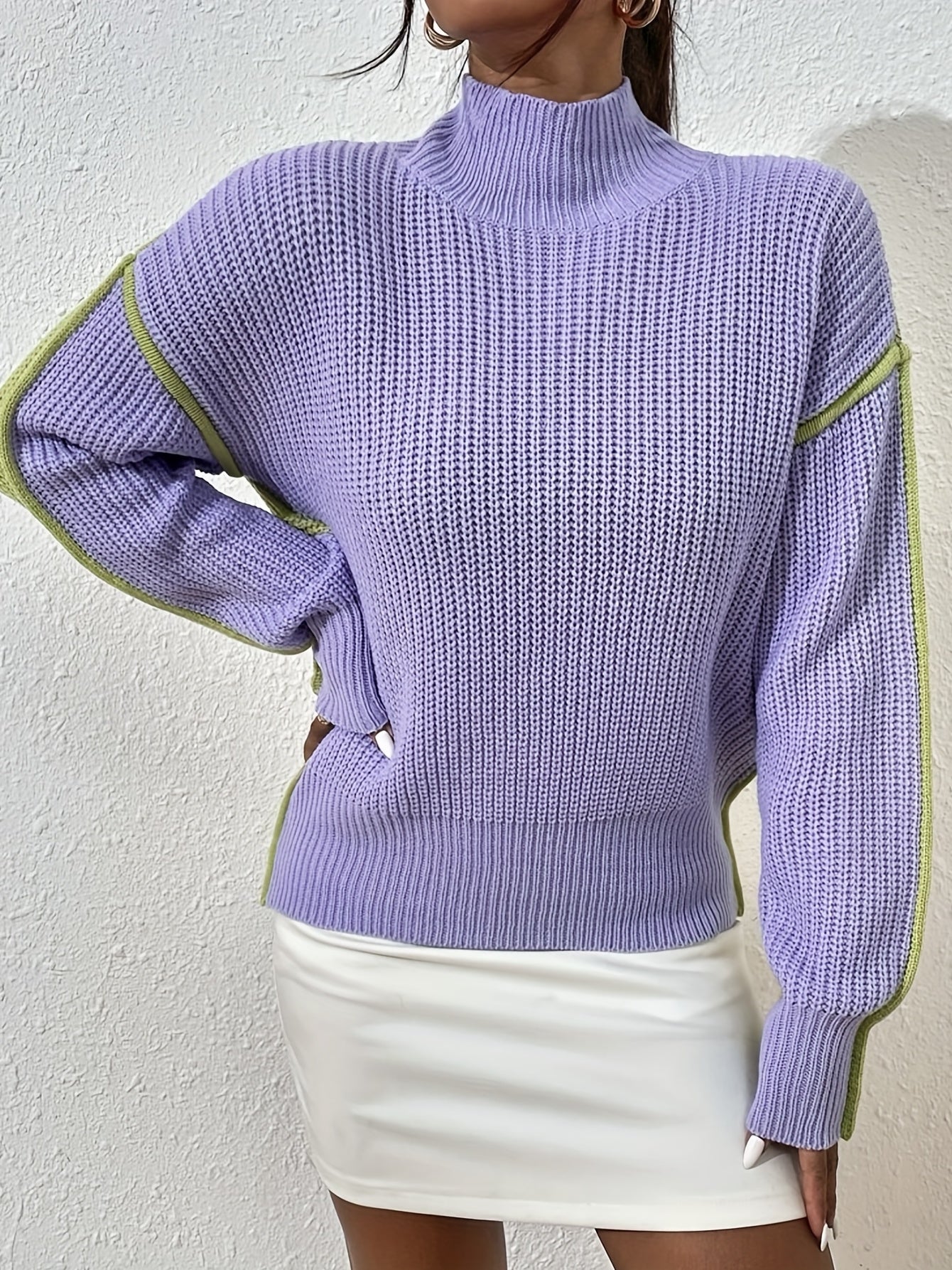 Antmvs Color Block Knit Sweater, Casual High Neck Long Sleeve Sweater, Women's Clothing