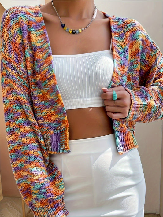 Antmvs Colorful Open Front Knit Cardigan, Causal Long Sleeve Loose Sweater, Women's Clothing