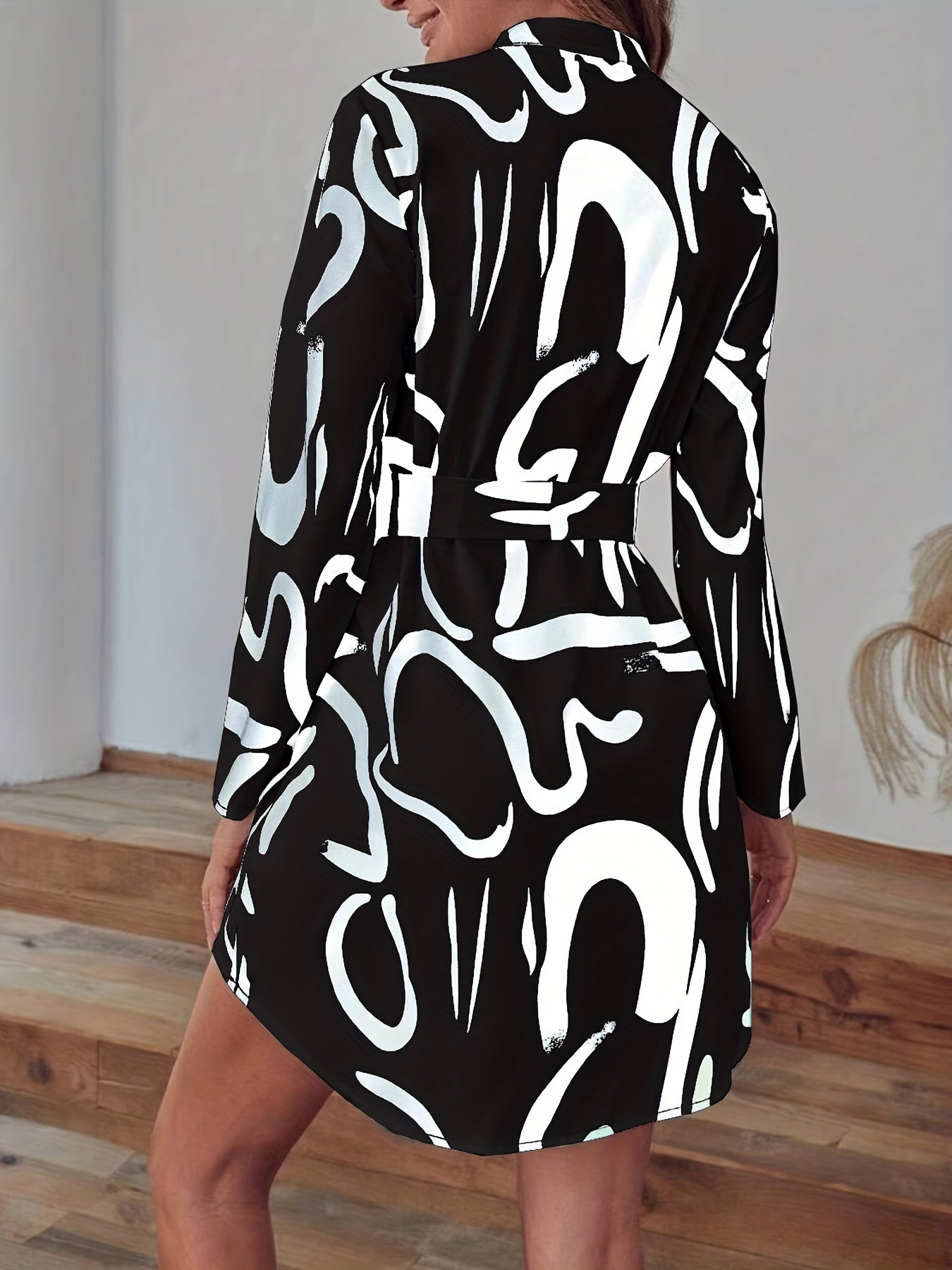 Antmvs Abstract Print V Neck Dress, Casual Long Sleeve Dress, Women's Clothing