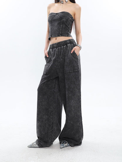 Antmvs Mina Vintage Grey Denim Bandeau Top + Straight Wide Leg Jeans Pants Matching Set