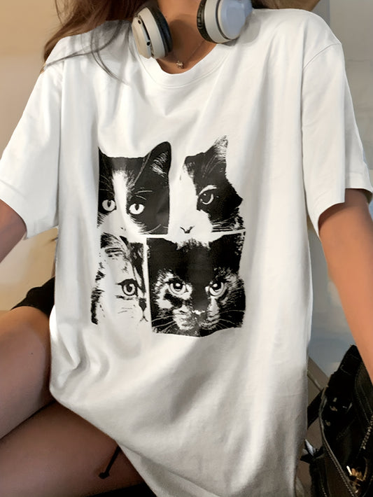 Antmvs Cat Print Crew Neck T-Shirt, Y2K Short Sleeve T-Shirt For Spring & Summer, Women's Clothing