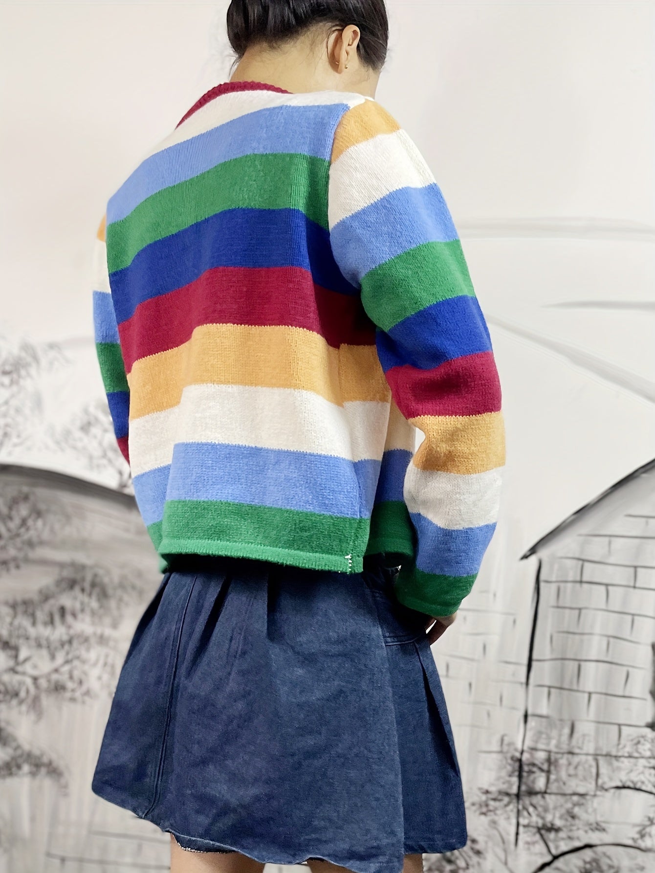 Antmvs Rainbow Striped Button Up Knit Cardigan, Boho Crew Neck Long Sleeve Sweater, Women's Clothing