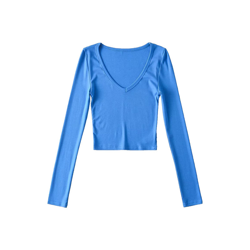 Antmvs Kiana Solid Color V-neck Slim Long Sleeve Cropped Top