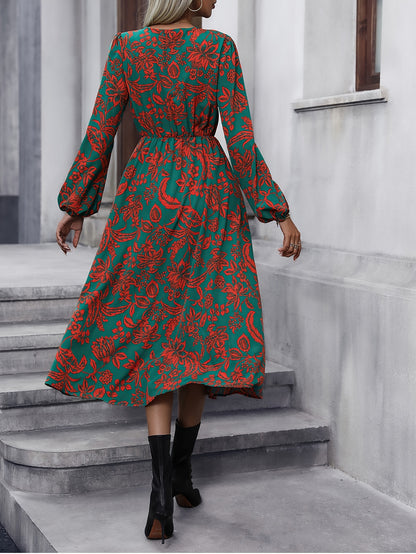 Antmvs Floral Print Split V Neck Dress, Elegant Long Sleeve Dress For Spring & Fall, Women's Clothing