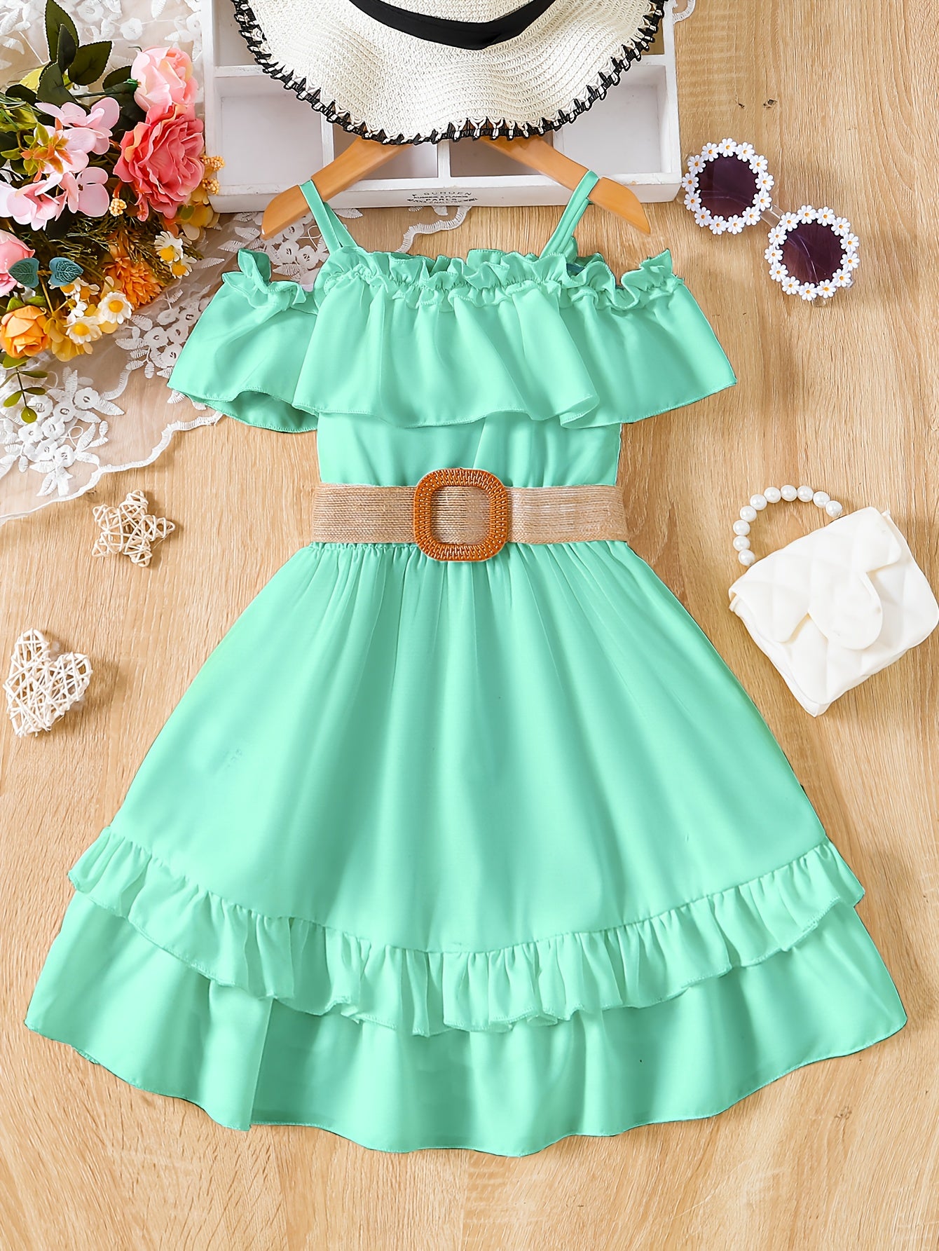 Charming Girls Solid Ruffle Trim Dress - Fashionable Belted Waist for Summer Parties & Holidays - Premium Quality, Comfortable, Ideal Gift