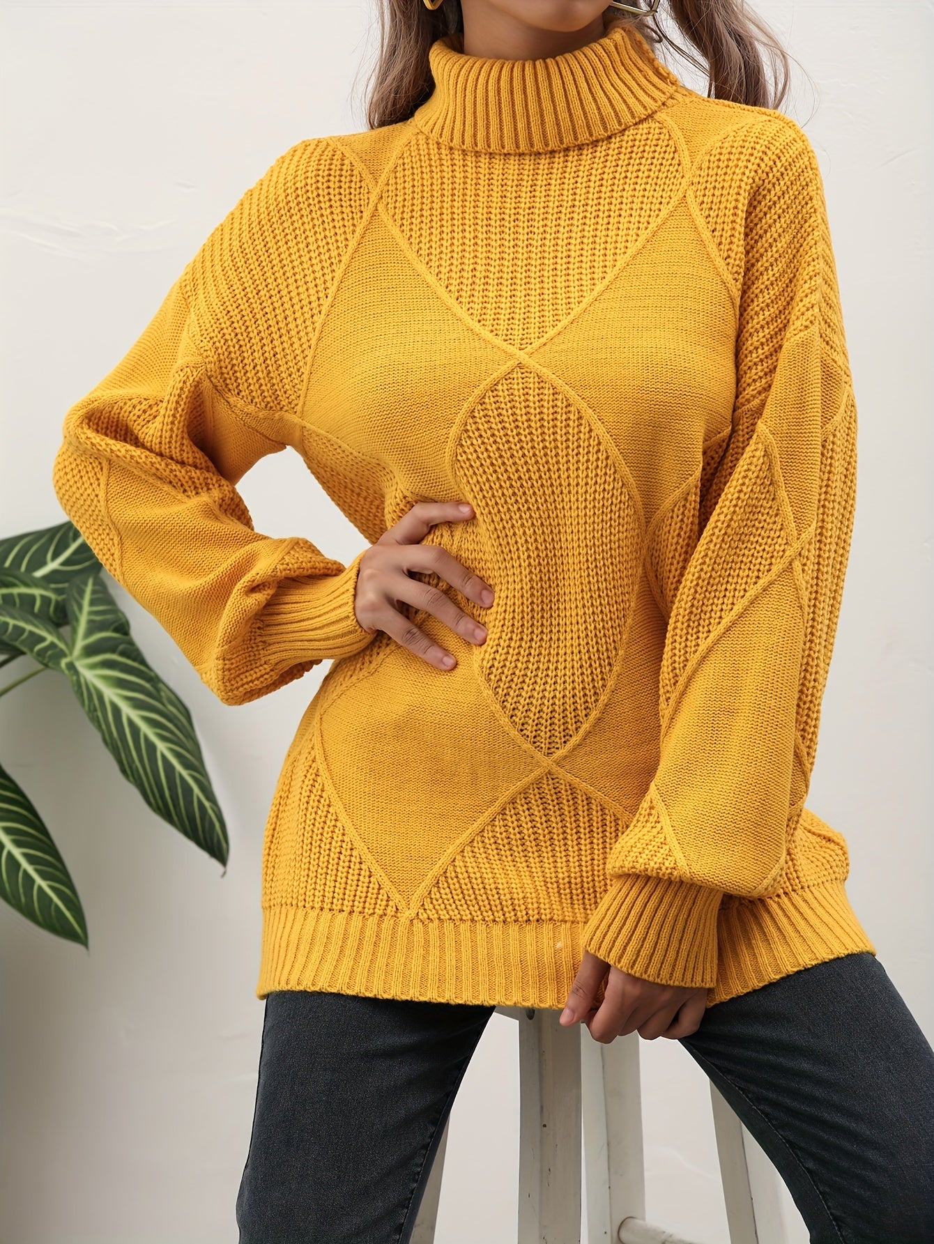 Antmvs Solid Turtleneck Pullover Sweater, Elegant Long Sleeve Drop Shoulder Sweater, Women's Clothing