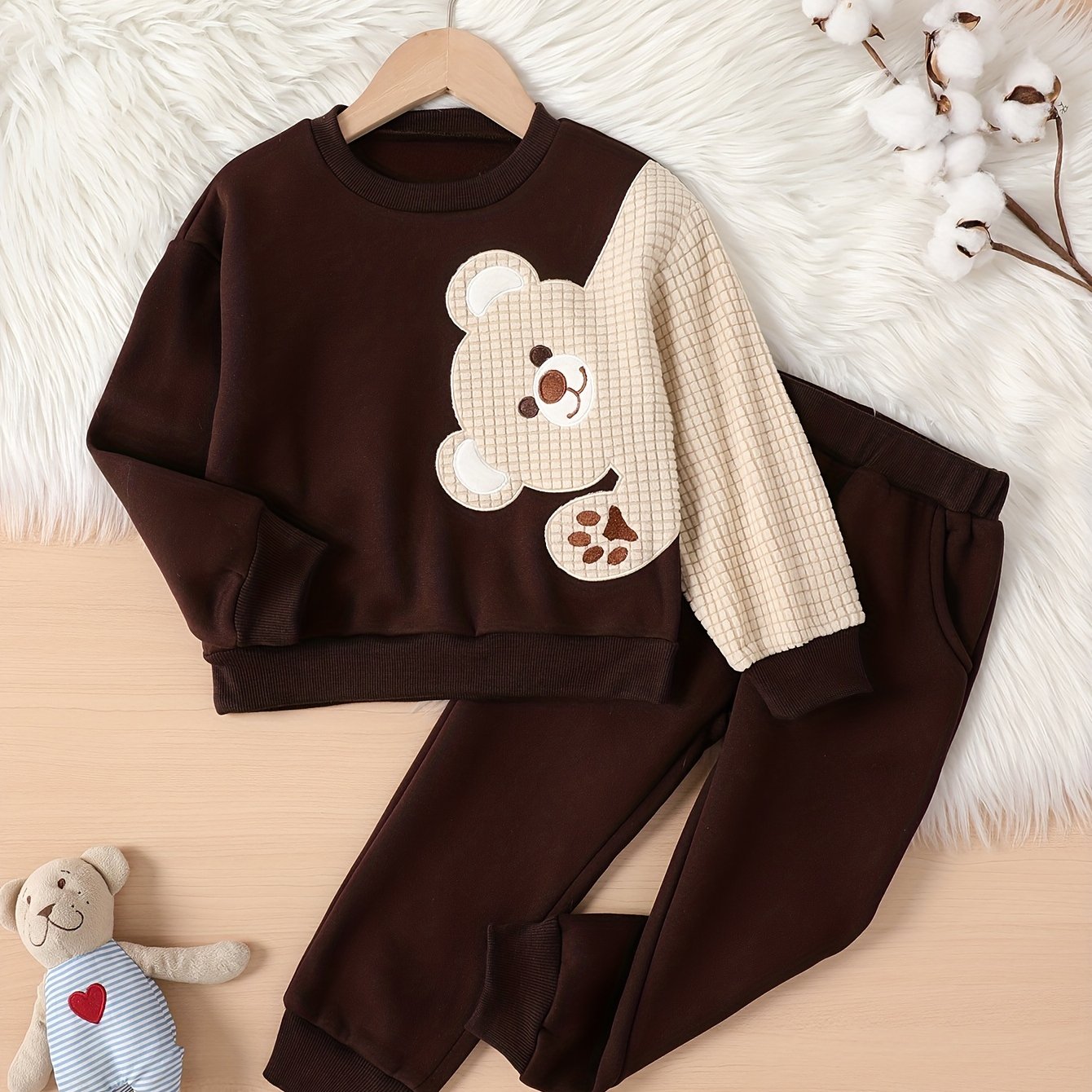 2pcs Boy's Bear Embroidered Pullover Outfit, Sweatshirt & Sweatpants With Pockets Set, Casual Long Sleeve Top, Kid's Clothes For Spring Fall Winter, As Gift