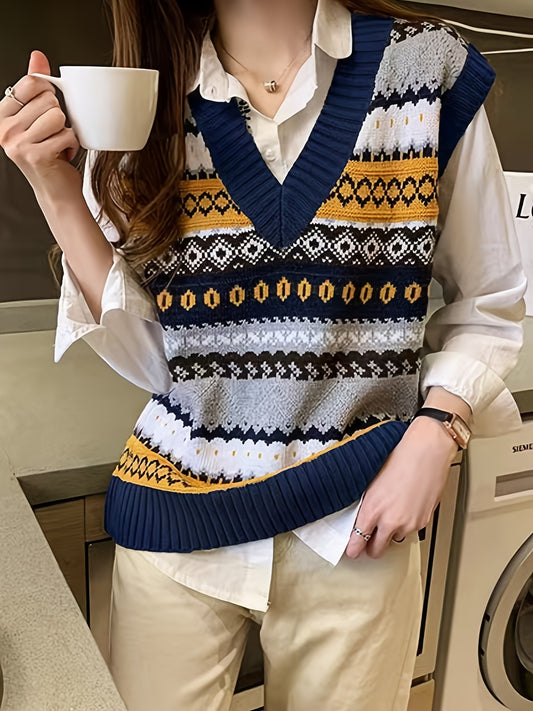 Antmvs Geo Pattern V-neck Sweater Vest,  Vintage Sweater Vest For Fall & Winter, Women's Clothing