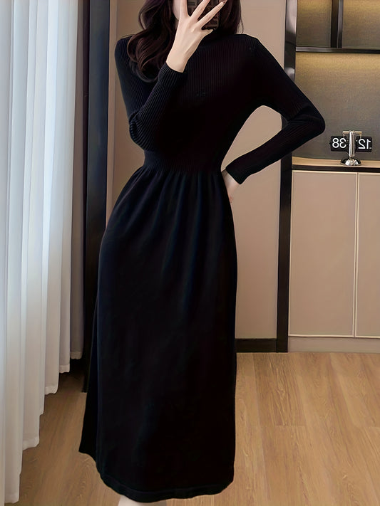 Antmvs Solid Long Sleeve Knit Dress, Elegant Mock Neck A-line Dress For Fall & Winter, Women's Clothing