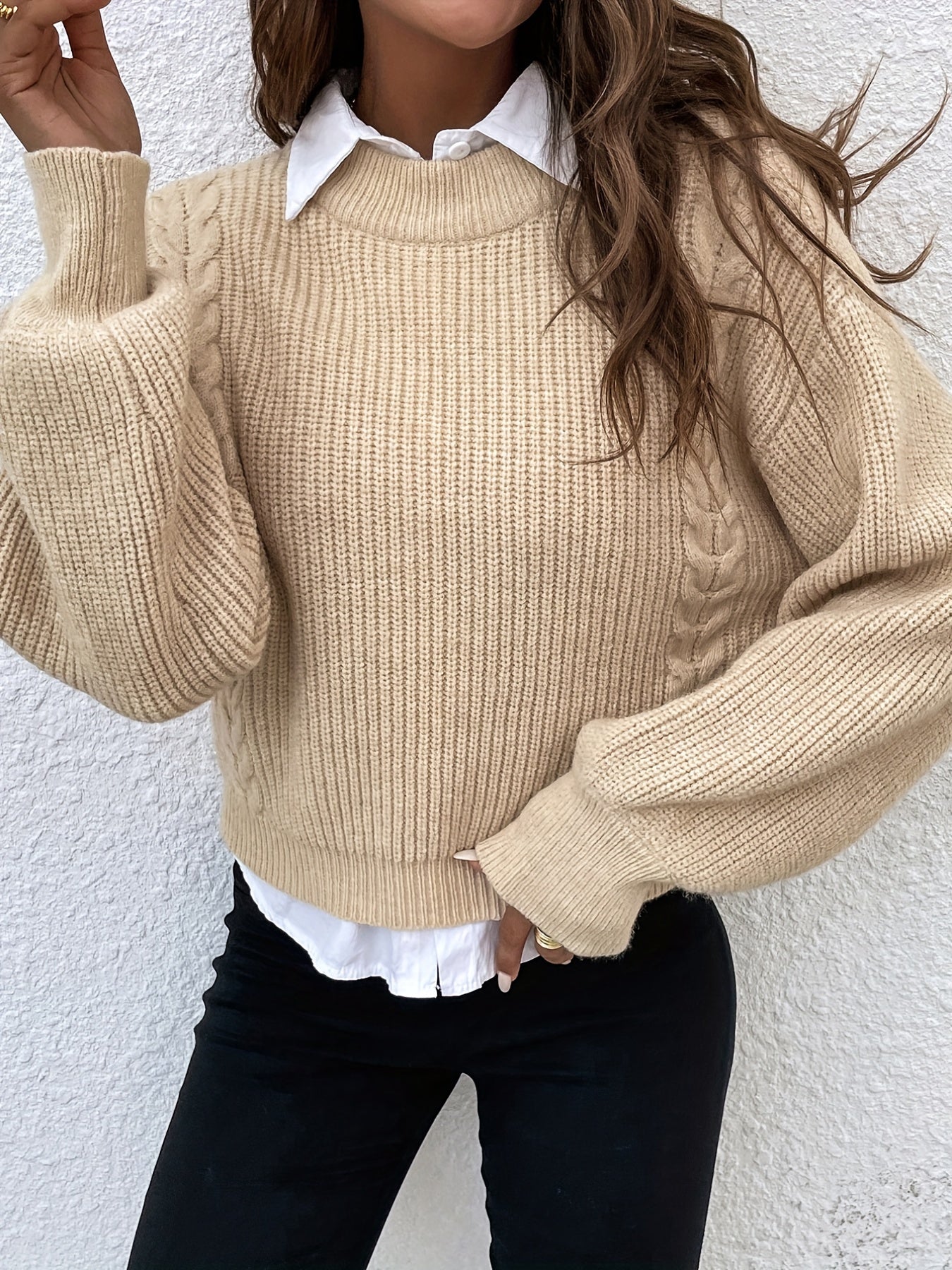 Antmvs Solid Crew Neck Pullover Sweater, Casual Long Sleeve Sweater For Fall & Winter, Women's Clothing