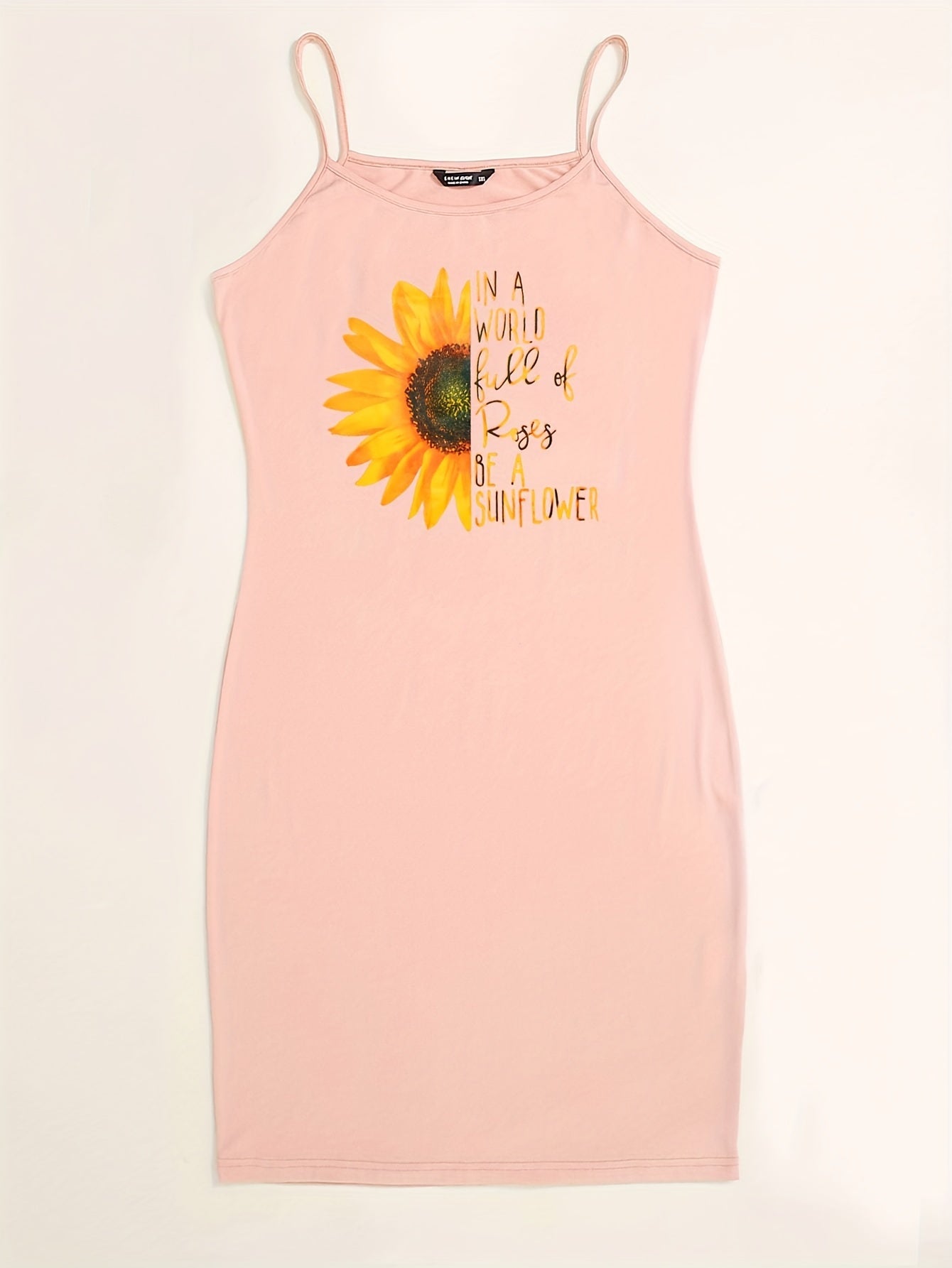 Antmvs Plus Size Casual Summer Dress, Women's Plus Sunflower & Slogan Print Round Neck Slight Stretch Cami Dress