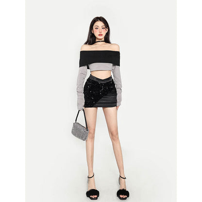 Antmvs Giana Contrast Color Off the Shoulder Long Sleeve Slim Cropped Top