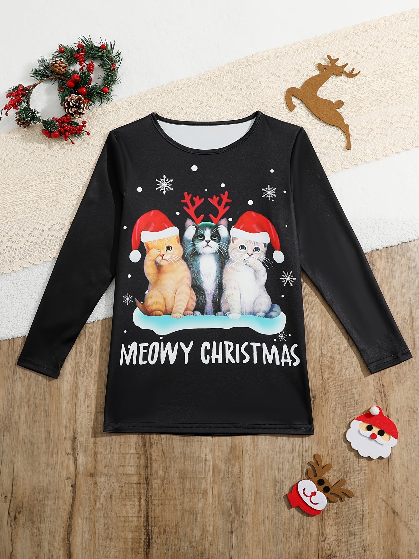 Vibrant Kitty & Reindeer Graphic Long Sleeve T-Shirt for Girls - Soft, Breathable, and Comfortable Fabric - Perfect for Spring, Fall, and Christmas Gift Ideas