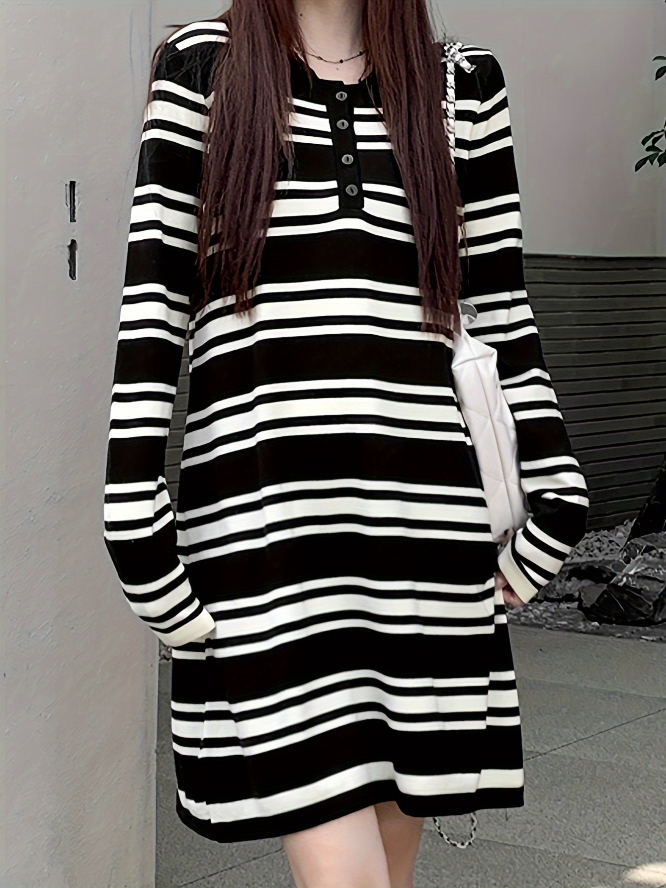 Antmvs Stripe Print Button Collared Dress, Casual Long Sleeve Loose Knit Dress, Women's Clothing