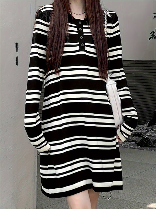 Antmvs Stripe Print Button Collared Dress, Casual Long Sleeve Loose Knit Dress, Women's Clothing