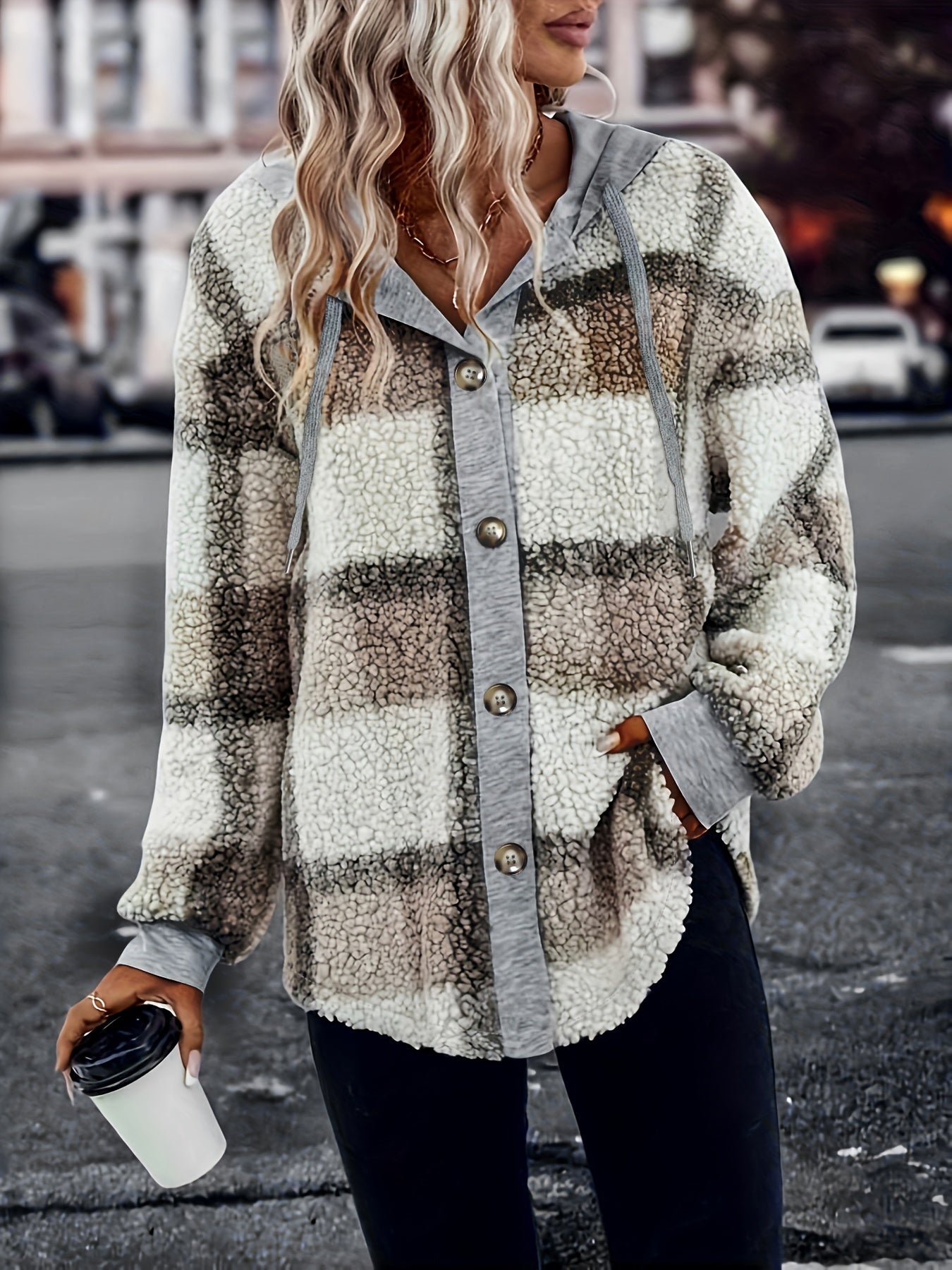 Antmvs Plaid Pattern Hooded Coat, Casual Button Front Drawstring Long Sleeve Outerwear, Women's Clothing