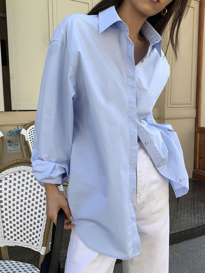 Antmvs Solid Lapel Button Front Boyfriend Style Shirt, Casual Drop Shoulder Vintage Shirt, Women's Clothing