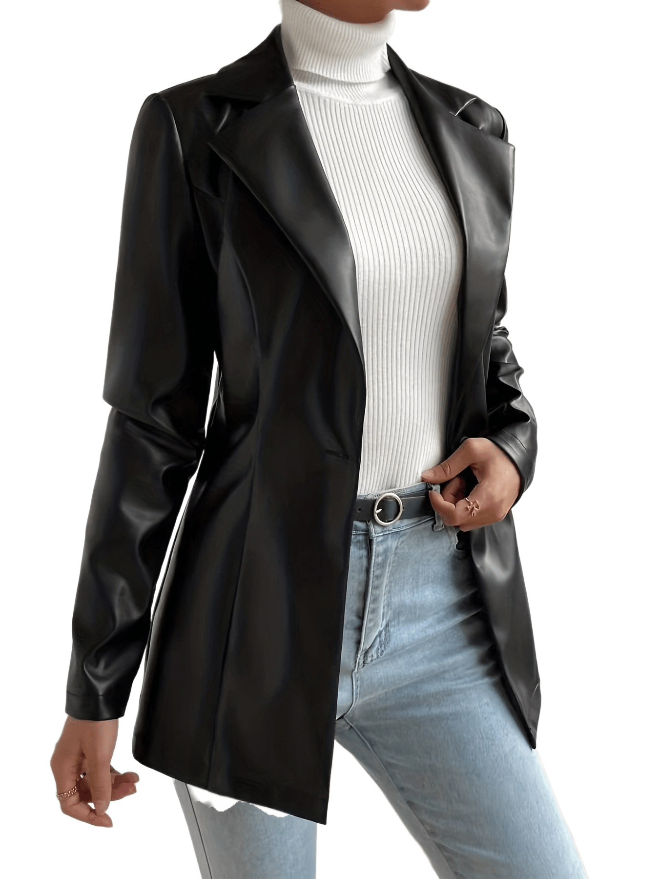Antmvs One Button PU Jacket, Elegant Lapel Open Front Long Sleeve Outerwear, Women's Clothing