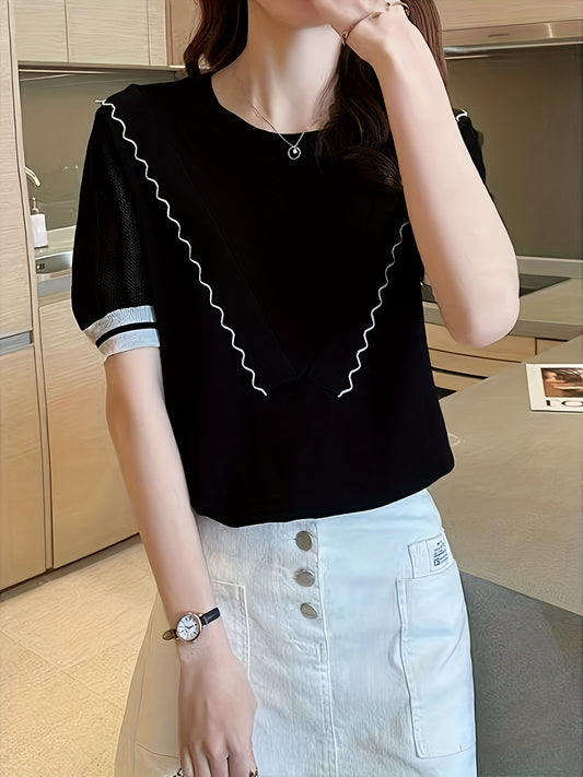 Antmvs Layered Scallop Trim Knit Top, Casual Contrast Trim Short Sleeve Top For Spring & Summer, Women's Clothing