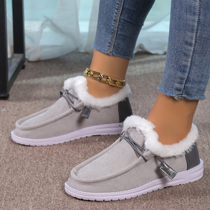 Women's Splicing Fluffy Loafers, Winter Warm Round Toe Slip On Flat Shoes, Cozy Low Top Snow Boots