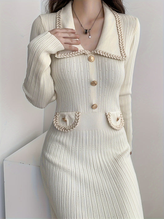 Antmvs Ribbed Solid Midi Dress, Elegant Long Sleeve Bodycon Sweater Dress, Women's Clothing