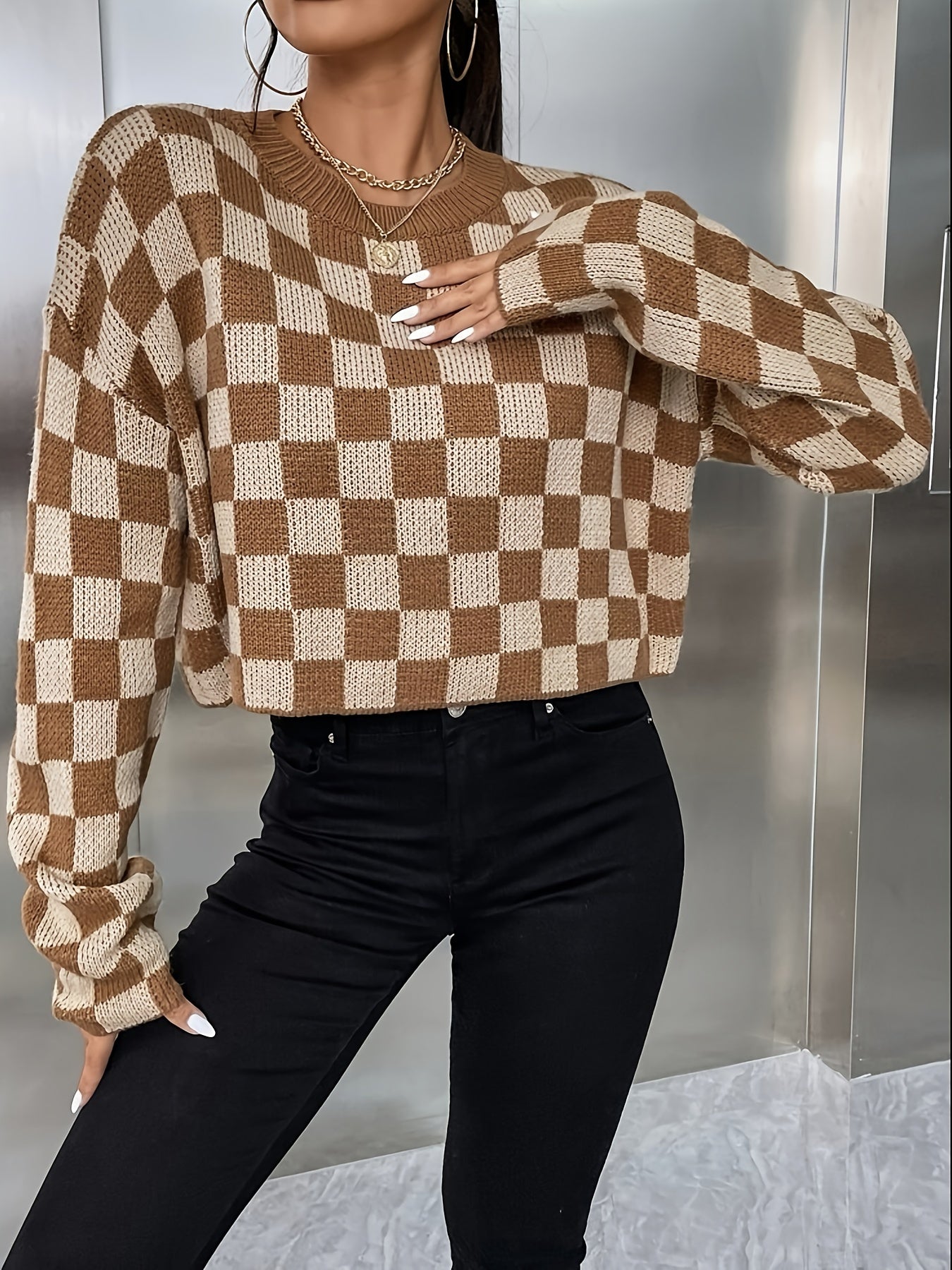 Antmvs Plaid Pattern Crew Neck Pullover Sweater, Casual Long Sleeve Sweater, Women's Clothing