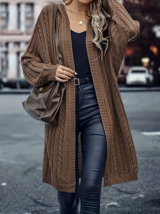 Antmvs Solid Open Front Cable Knit Cardigan, Casual Long Sleeve Hooded Sweater Coat, Women's Clothing