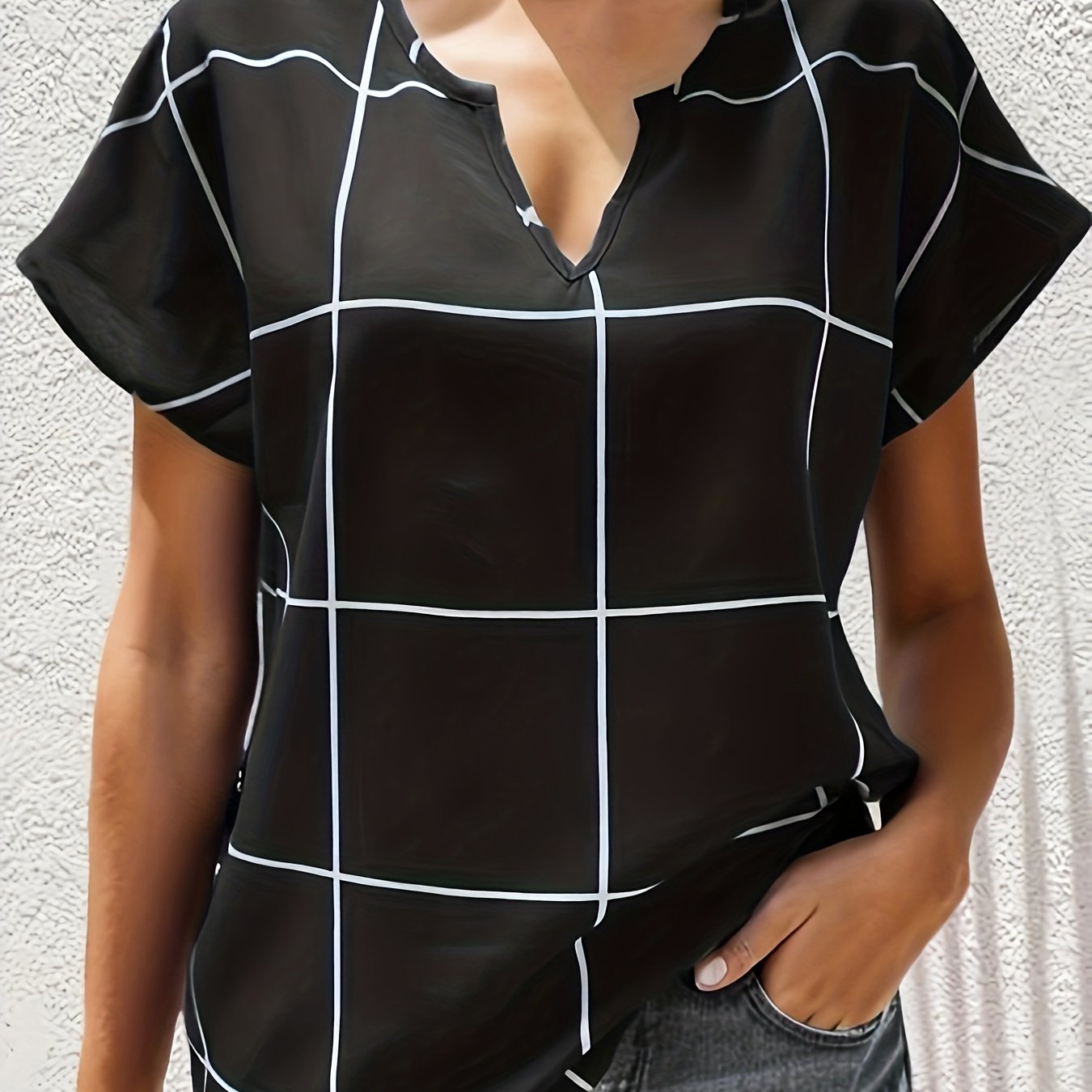 Antmvs  Plaid Notched Neck Blouse, Casual Short Sleeve Blouse For Spring & Summer, Women's Clothing