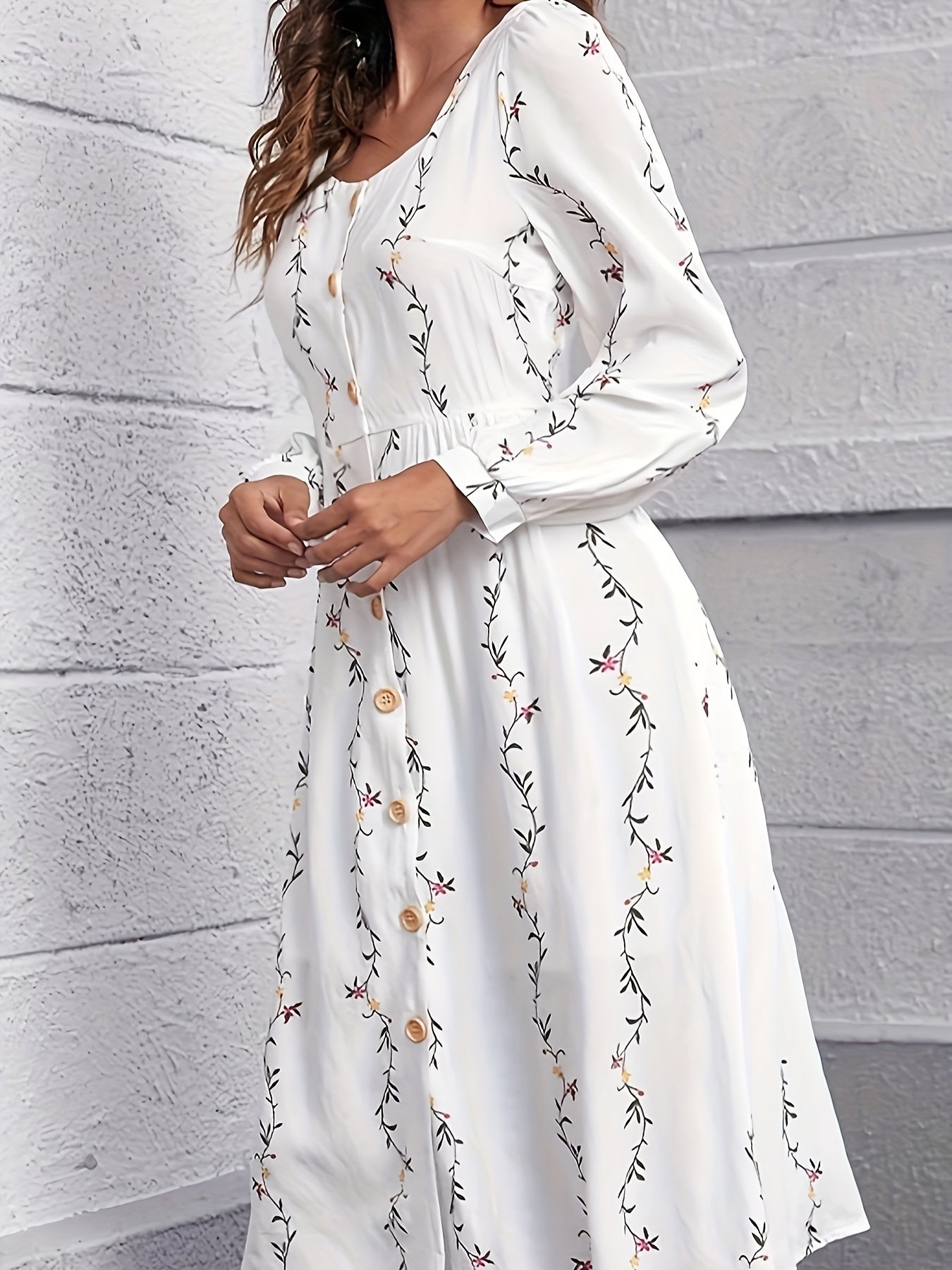 Antmvs Floral Print Button Front Dress, Elegant Long Sleeve A-line Dress, Women's Clothing