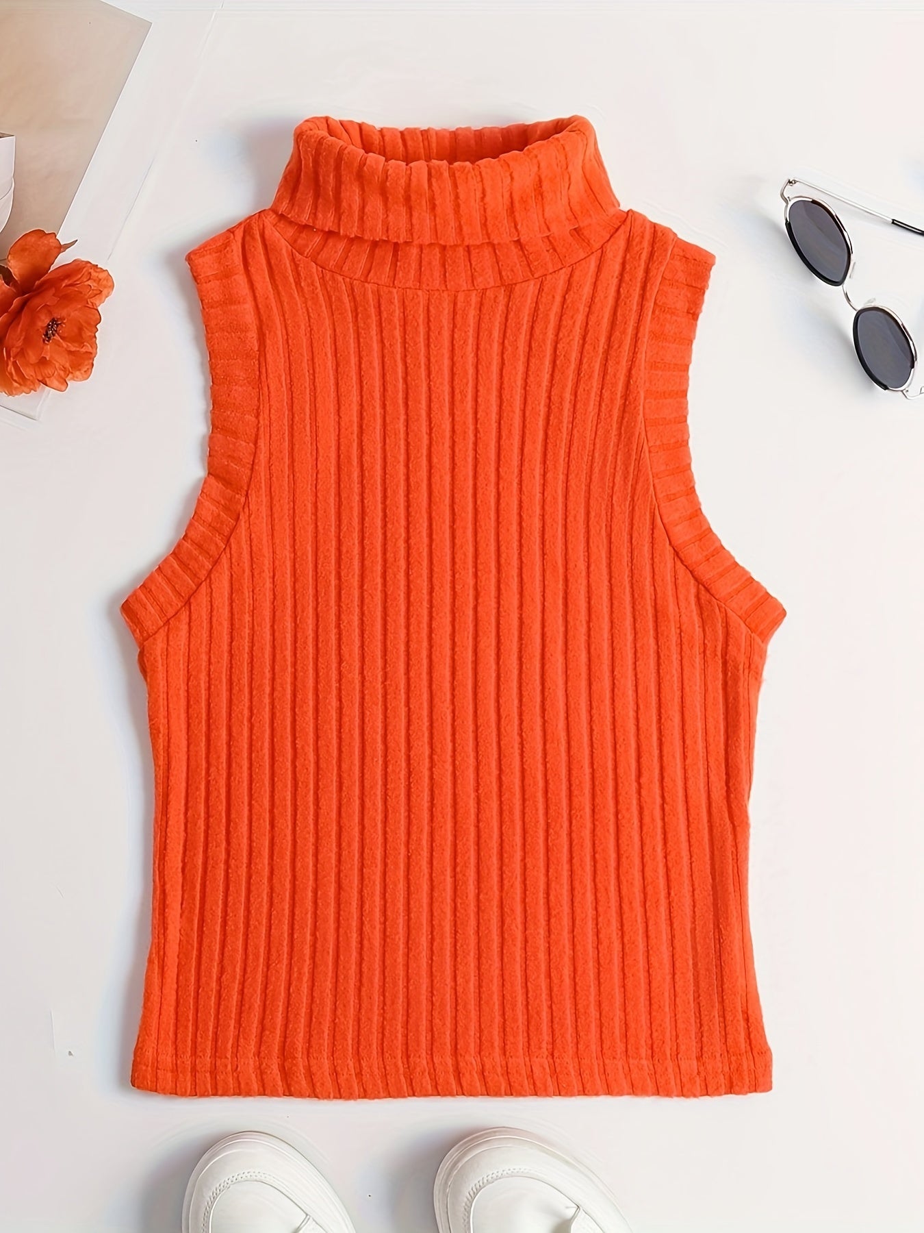 Antmvs Rib Knit High Neck Sweater Knitted Top, Sleeveless Casual Tank Top, Women's Clothing