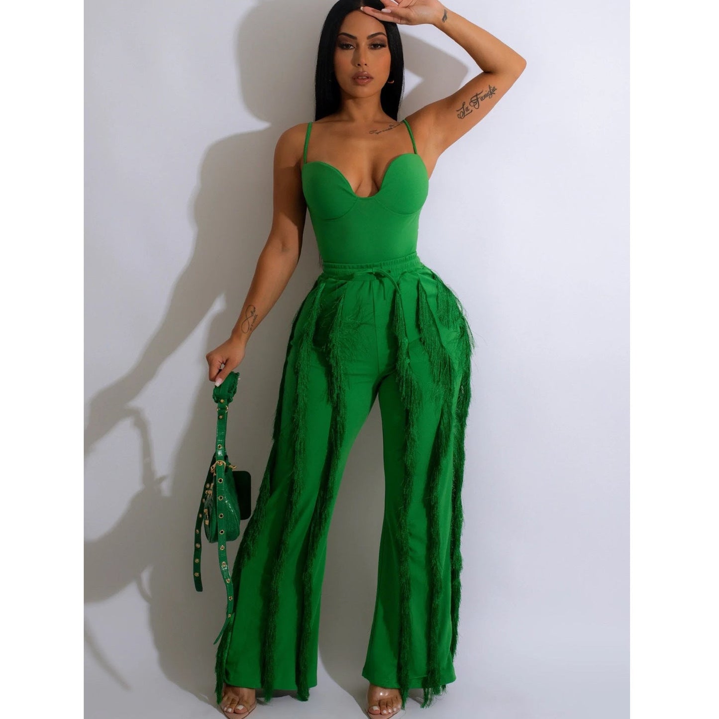 Antmvs -  New European and American Women's Clothing Hot Sale Solid Color Tassel Two-piece Suit