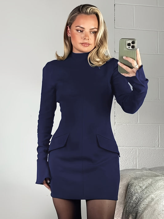 Antmvs Solid Mock Neck Bodycon Dress, Elegant Long Sleeve Dress For Spring & Fall, Women's Clothing