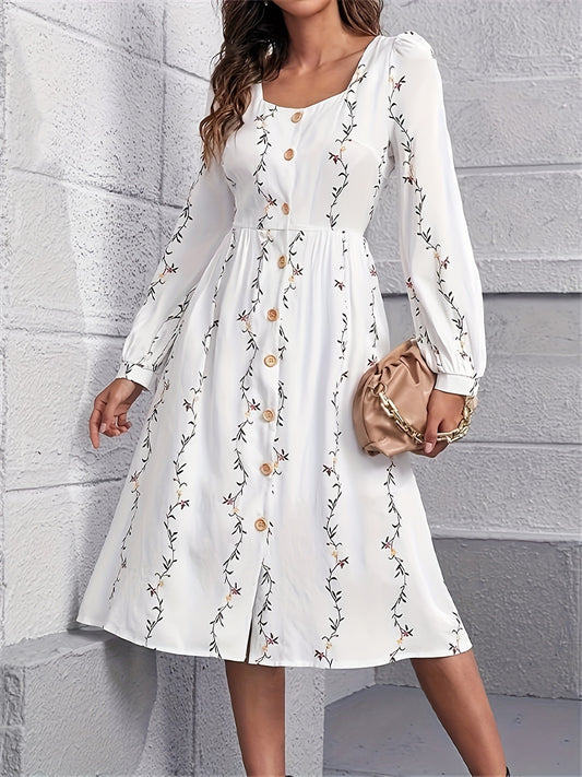 Antmvs Floral Print Button Front Dress, Elegant Long Sleeve A-line Dress, Women's Clothing