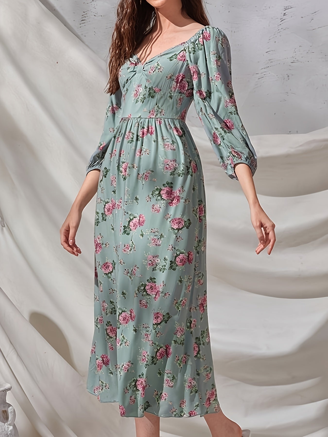 Antmvs Floral Print Squared Neck 3/4 Sleeve Dress, Elegant High Waist Ruffled Hem Maxi Dress, Women's Clothing