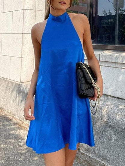 Antmvs Tied Solid Color Backless Sleeveless Loose Halter-Neck Mini Dresses