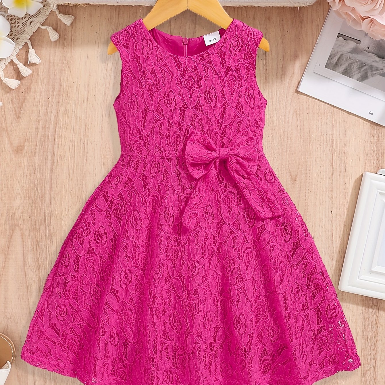 3-10 Years Old Girls Lovely Sleeveless Fit and Flare Lace Party Dress with Bowknot Front - Knee High, Non-Stretch, Solid Color, Casual Style for Summer