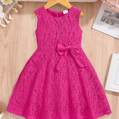 3-10 Years Old Girls Lovely Sleeveless Fit and Flare Lace Party Dress with Bowknot Front - Knee High, Non-Stretch, Solid Color, Casual Style for Summer