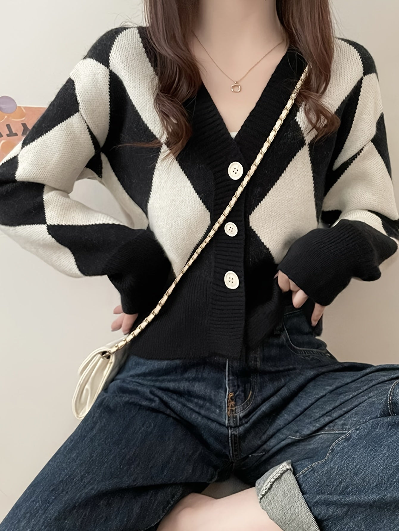 Antmvs Plaid Button Down Knit Cardigan, Casual V Neck Long Sleeve Fashion Sweater, Women's Clothing