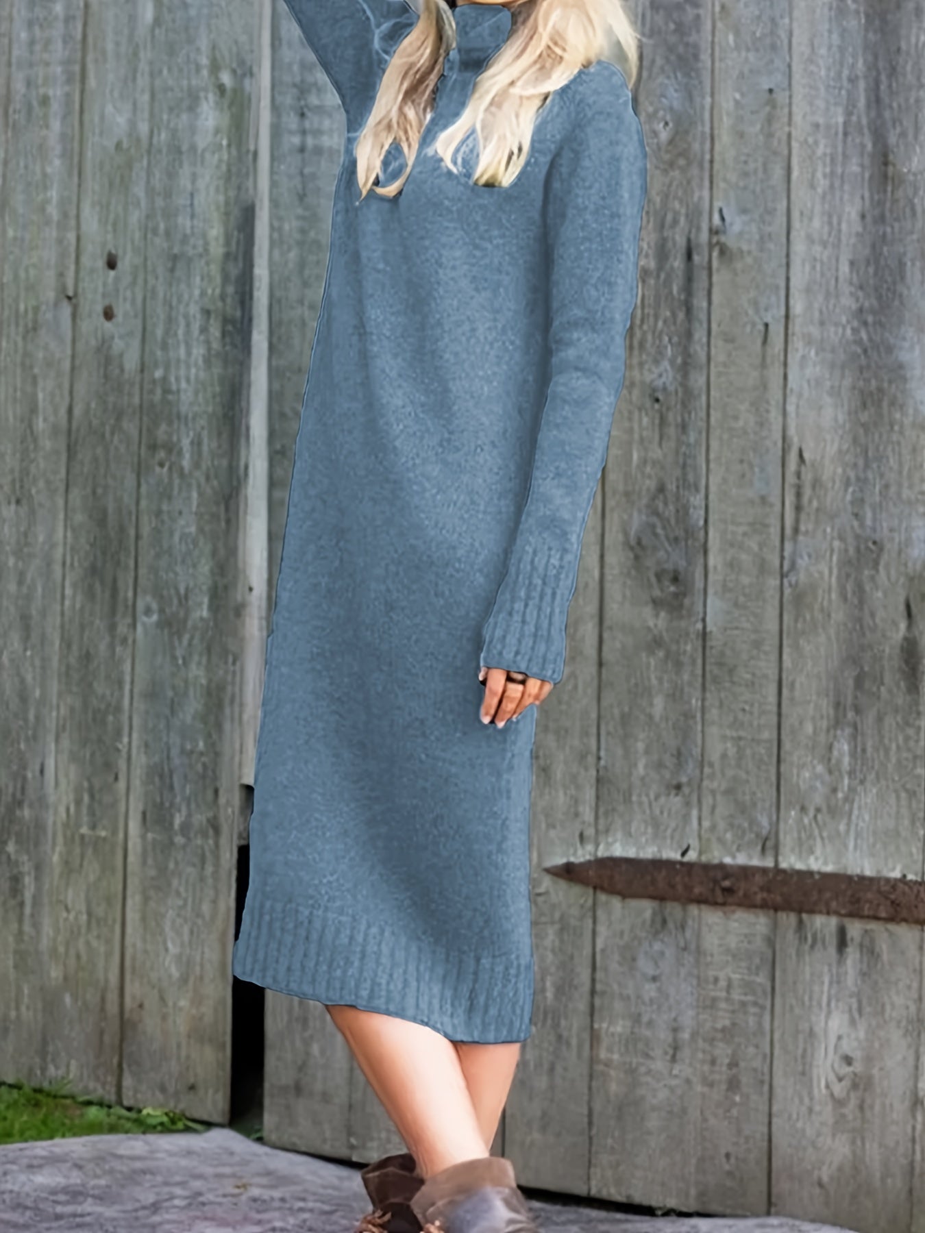 Antmvs Solid High Neck Sweater Dress, Casual Long Sleeve Midi Dress, Women's Clothing