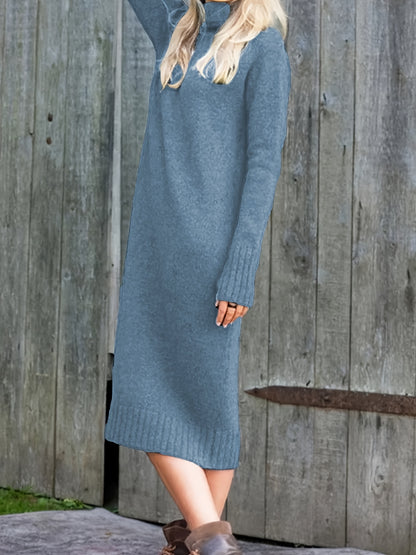 Antmvs Solid High Neck Sweater Dress, Casual Long Sleeve Midi Dress, Women's Clothing