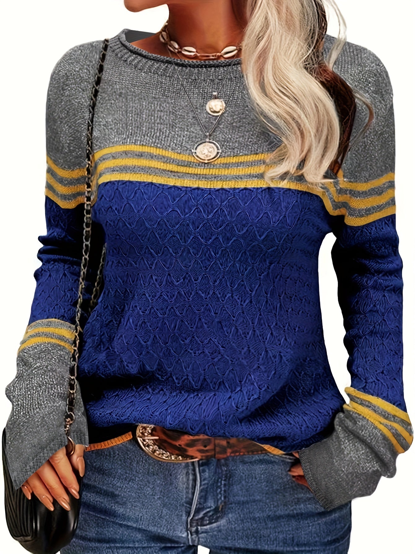Antmvs Color Block Boat Neck Knitted Top, Casual Long Sleeve Pullover Sweater For Fall & Winter, Women's Clothing
