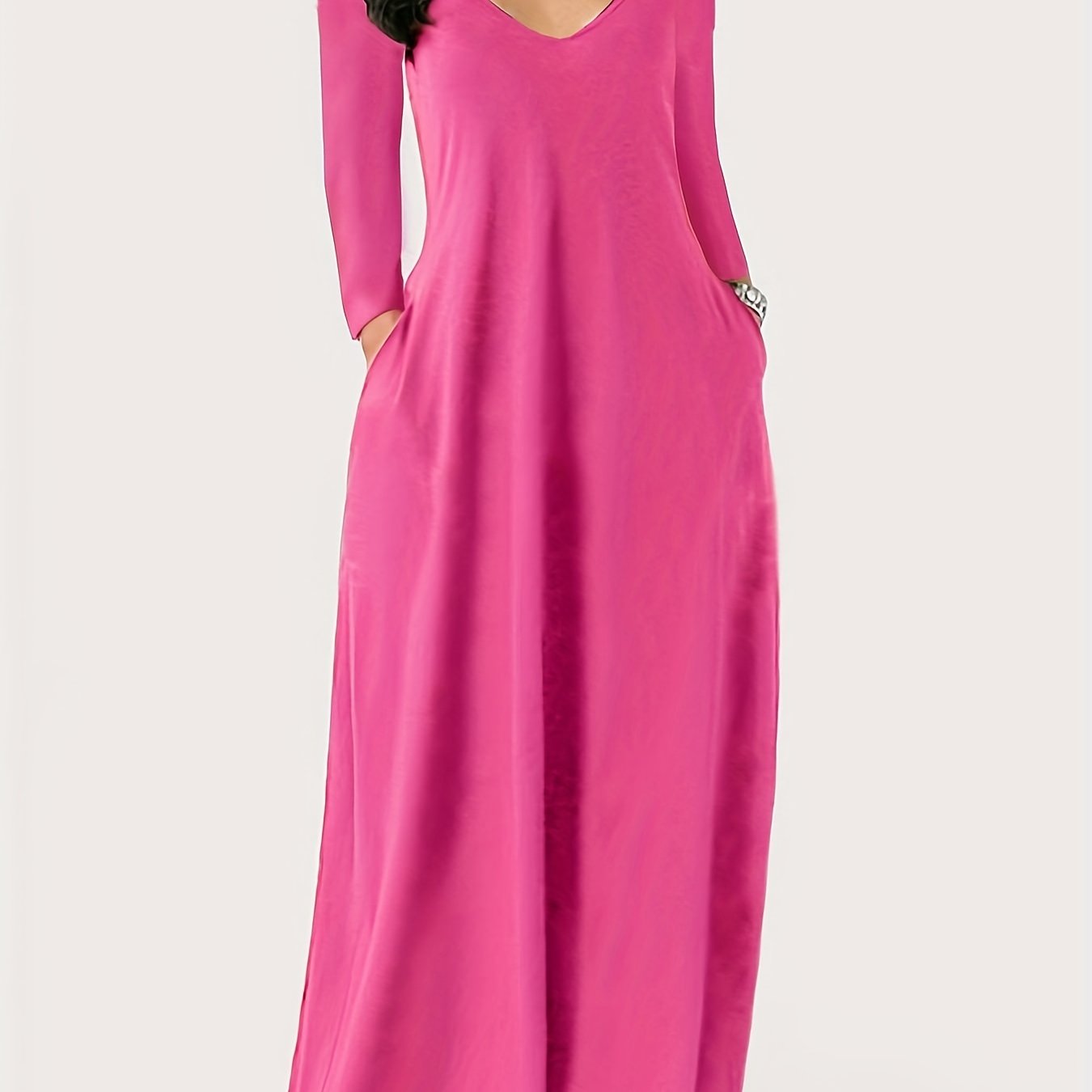 Antmvs Plus Size Casual Dress, Women's Plus Solid Long Sleeve V Neck Medium Stretch Maxi Dress