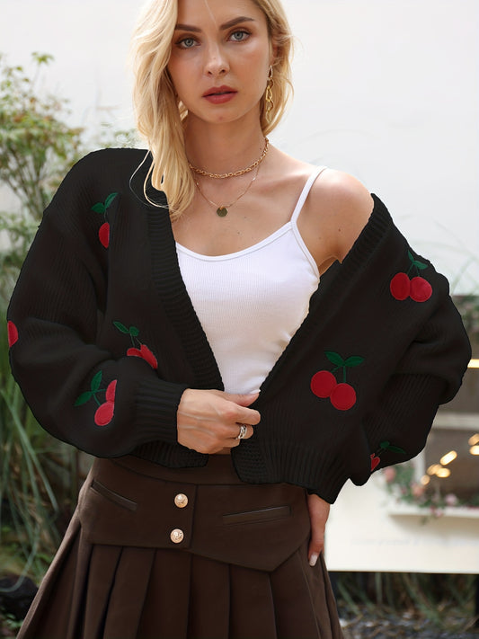 Antmvs Cherry Embroidered Knit Cardigan, Casual Open Front Long Sleeve Sweater, Women's Clothing