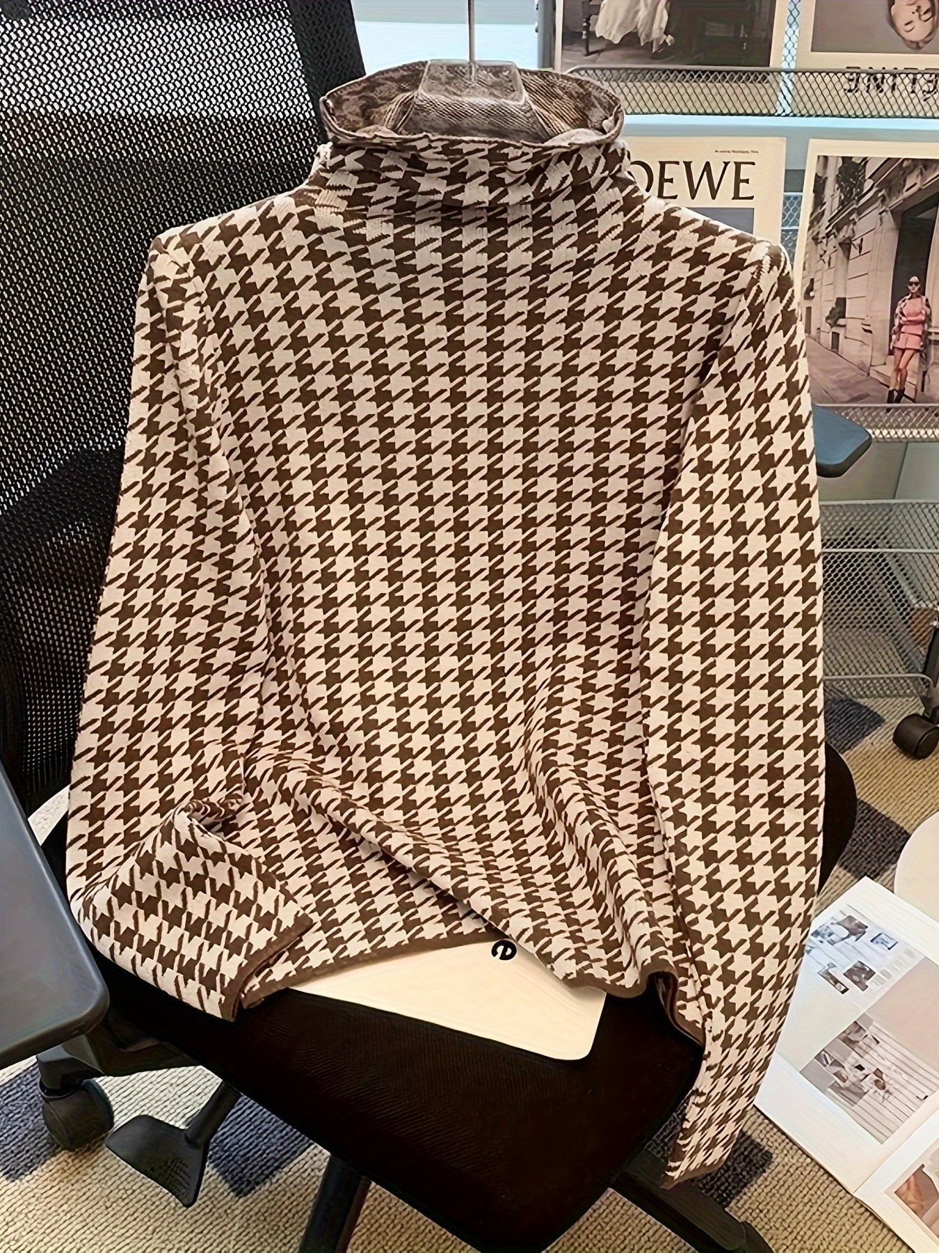 Antmvs Houndstooth Pattern Turtle Neck Pullover Sweater, Elegant Long Sleeve Slim Versatile Sweater, Women's Clothing